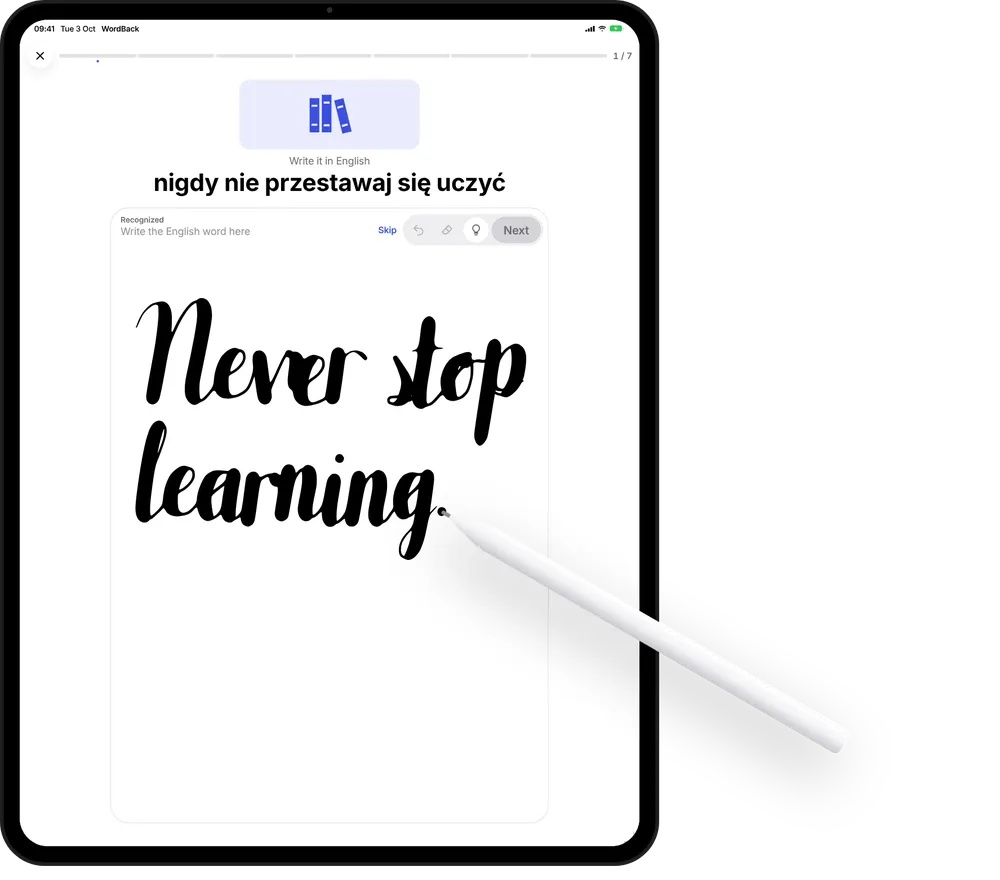 WordBack on iPad: “Never stop learning.” written with Apple Pencil